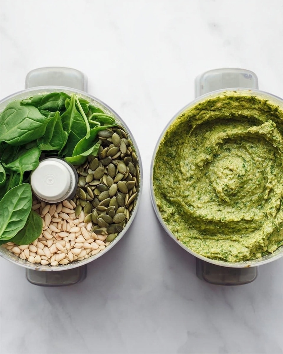 The image shows two round white food processor bowls on a white marbled surface. The left bowl contains three layers: a bottom layer of beige nuts or seeds, a middle layer of green pumpkin seeds, and a top layer of fresh spinach with bright green leaves and stems, arranged loosely. The right bowl shows the same ingredients blended into a smooth, thick, light green paste with some texture and small bits spread evenly inside. Photo taken with an iphone --ar 4:5 --v 7