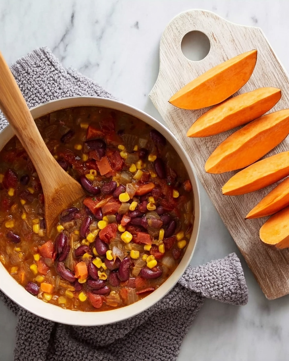 A white round pot filled with a colorful chili stew sits on a soft grey knitted cloth on a white marbled surface. The chili has several visible layers: bright yellow corn kernels, red kidney beans, orange carrot slices, diced tomatoes, and small bits of green peppers, all mixed in thick brownish-red sauce. A wooden ladle with a light handle rests inside the pot. To the right, a wooden board lies on the white marbled surface, holding thick orange sweet potato wedges with their skin still on, stacked in a neat pile. photo taken with an iphone --ar 4:5 --v 7