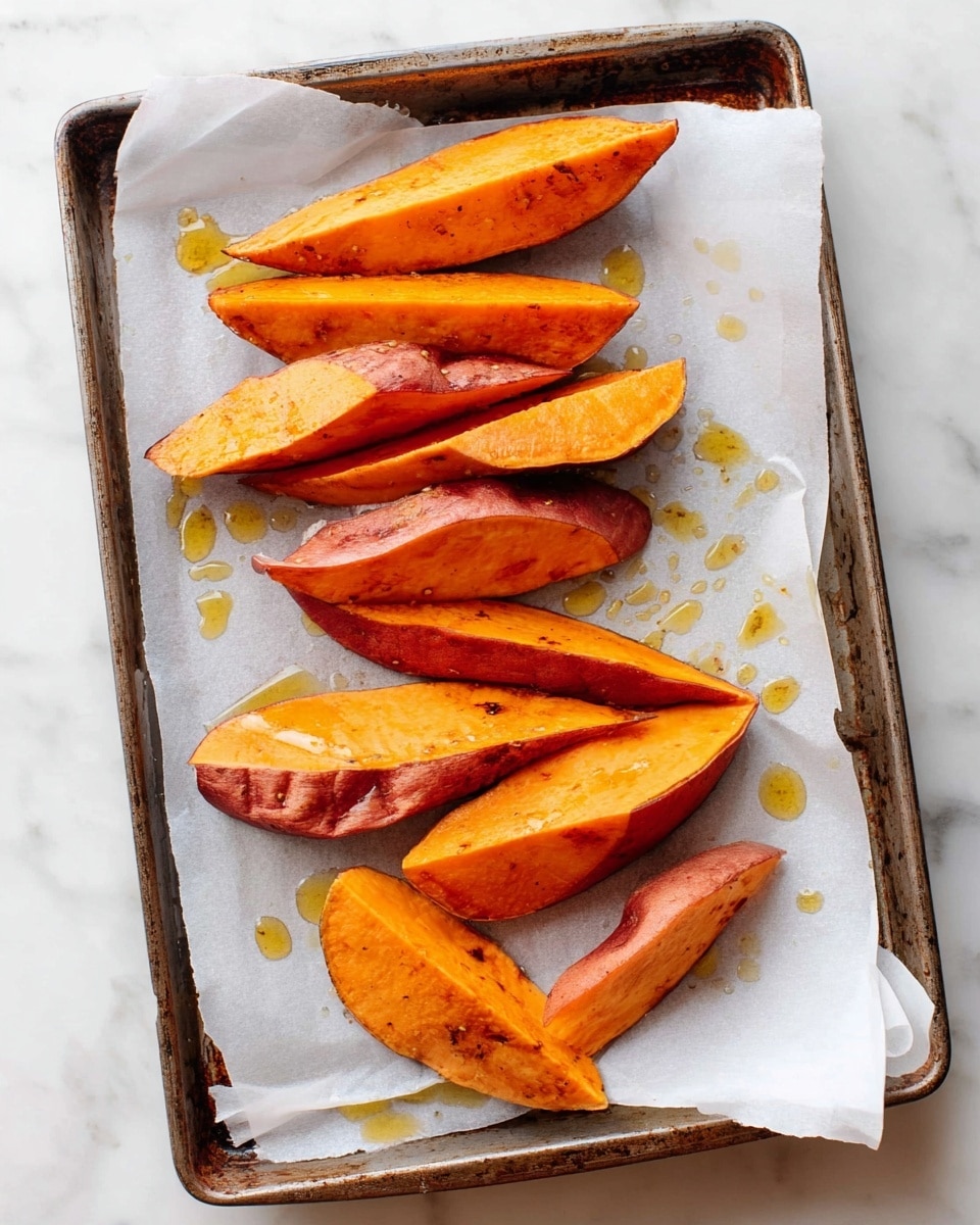 The image shows a metal baking tray lined with white parchment paper, placed on a white marbled surface. On the tray, there are twelve orange sweet potato wedges arranged close together in two parallel columns, with the skin side on the bottom and the orange flesh on top. The wedges have a slightly shiny texture from the drizzle of golden olive oil sprinkled unevenly over them. The sweet potato skins are reddish-brown and textured, while the flesh is smooth and bright orange. The scene is lit with soft natural light, highlighting the colors and textures of the sweet potato wedges. photo taken with an iphone --ar 4:5 --v 7