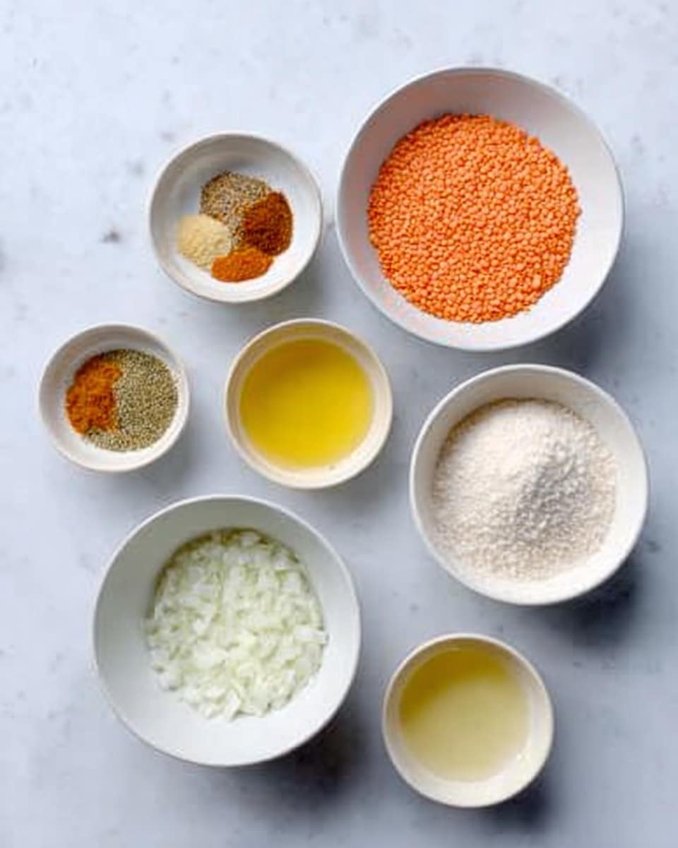 The image shows six white bowls arranged on a white marbled surface. The largest bowl at the top right contains red lentils with a smooth texture. Next to it on the top left is a small bowl with mixed spices in brown, orange, and green shades. Below the spice bowl is a medium bowl with a yellow liquid. To the right of this is another small bowl filled with fine white powder. At the bottom left is a white bowl holding finely chopped white onions. Next to it on the right is a small bowl containing a clear yellow liquid. The bowls are spaced evenly and the lighting is bright and natural, making the colors clear and vivid. Photo taken with an iphone --ar 4:5 --v 7