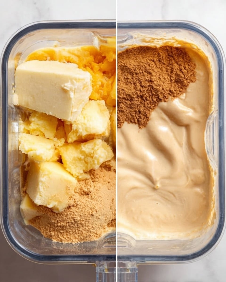 The image shows two views of a blender container on a white marbled surface. In the first view, the container is filled with four distinct layers: at the top left, there are pale yellow apple slices; next to them on the top right, thick creamy beige liquid; on the bottom left, bright orange mashed substance with a rough texture; and on the bottom right, a pile of fine brown powder. In the second view, the blender contains a smooth and creamy light beige mixture that fills the container evenly with slight swirl marks on the surface. photo taken with an iphone --ar 4:5 --v 7