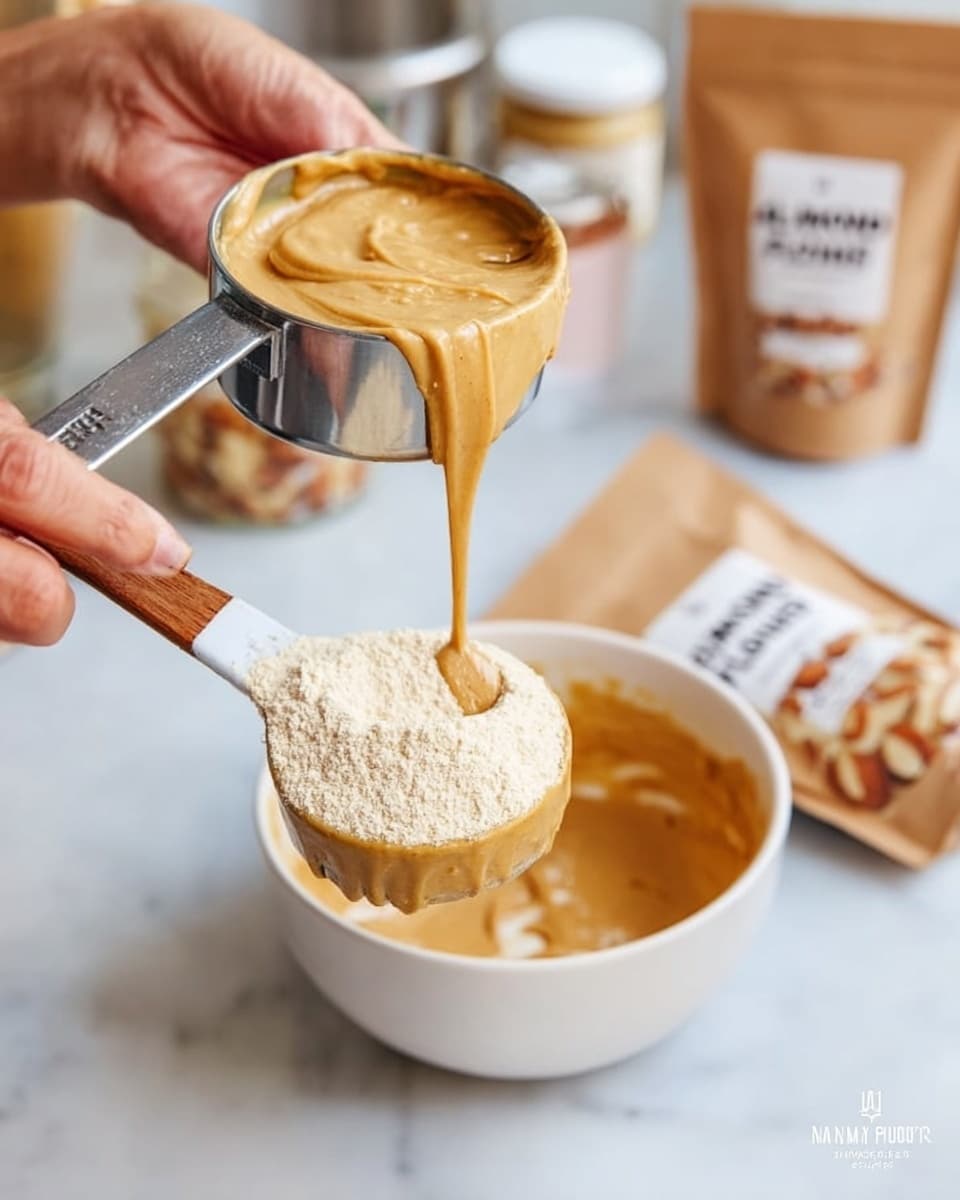 The first image shows a close-up of a woman's hand holding a metallic measuring cup filled with smooth, thick peanut butter being poured into it from a jar, with the peanut butter forming soft folds as it flows. The background is a white marbled surface with blurred containers in soft colors. The second image shows two woman's hands working over a white bowl that contains a creamy mixture at the bottom. One woman's hand holds a measuring cup pouring light beige almond flour into the bowl, while the other woman's hand holds a white spatula resting in the bowl on the creamy layer. The bowl sits on a white marbled surface with a small copper scoop nearby. photo taken with an iphone --ar 4:5 --v 7