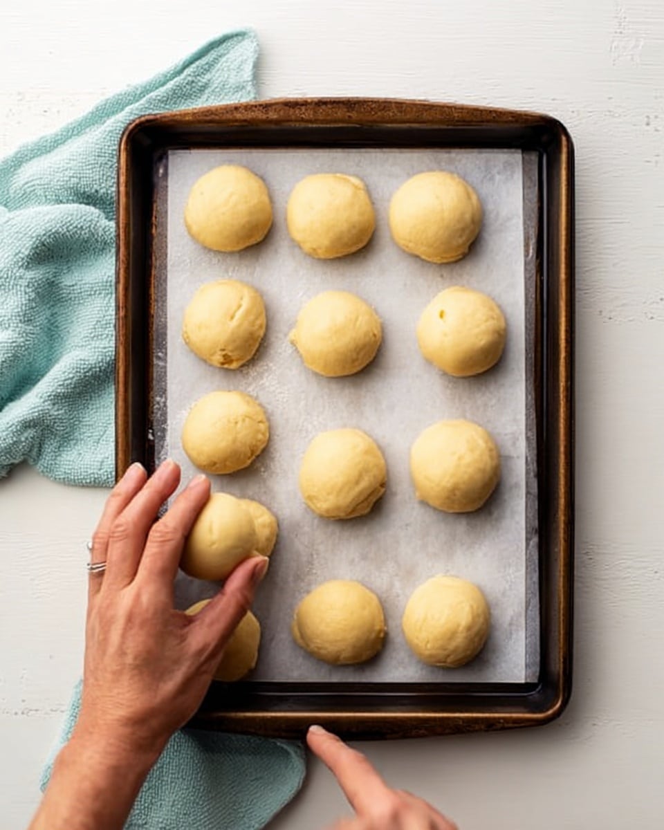 A white marbled surface holds a dark baking tray lined with white parchment paper. On the tray, there are thirteen round, pale yellow dough balls spread out in a grid. A woman's hands are seen gently shaping one dough ball in the bottom left corner of the image. There is a light teal cloth partially visible in the top right corner. The scene is bright and clean, showing the dough's smooth texture and soft color. photo taken with an iphone --ar 4:5 --v 7