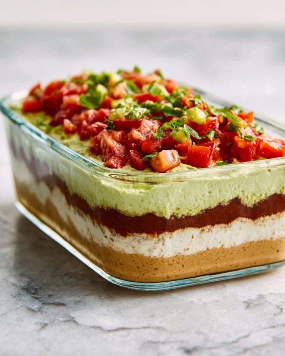 A clear rectangular glass dish shows four visible layers, each stacked neatly. The bottom layer is light brown and smooth, topped by a creamy light green layer that looks soft. Above it is a thin dark brown layer, smooth and even. The top layer is bright, made of chopped red tomatoes and green herbs, adding a fresh and colorful touch. The dish sits on a white marbled surface. Photo taken with an iphone --ar 4:5 --v 7
