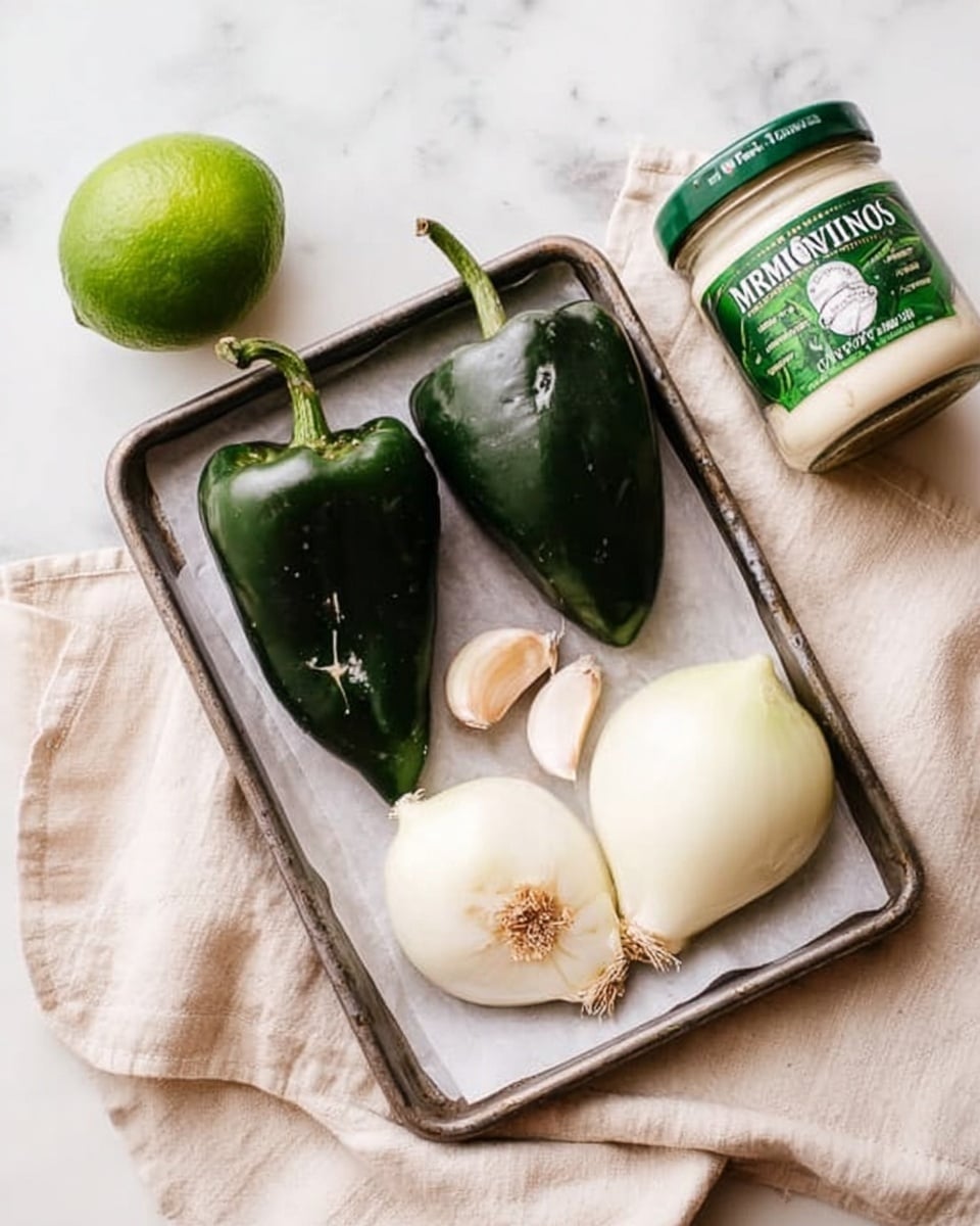 The image shows a metal tray with a white paper liner, holding two dark green poblano peppers placed next to three onion halves with white and light brown skin, and a small garlic clove. To the left of the tray, on a white marbled surface, there is a whole lime with bright green skin and a clear jar of mayonnaise with a green lid and label lying on its side. The tray is placed on a soft beige cloth slightly visible underneath. photo taken with an iphone --ar 4:5 --v 7
