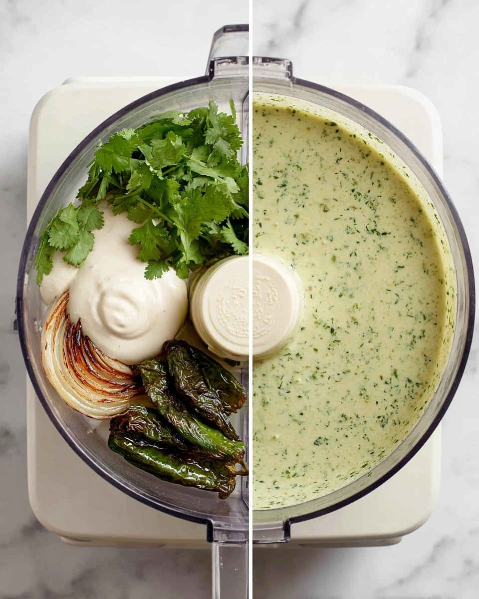 Two side-by-side images show a clear food processor bowl on a white marbled surface. The left image has four layers inside the bowl: a dollop of white creamy sauce on the right, dark green roasted chili peppers on the bottom right, several whole bright green cilantro sprigs on the left, and two browned roasted onion wedges near the bottom center. Light ground pepper is sprinkled over the ingredients. The right image shows the same bowl but now filled with a smooth, pale green sauce mixed with small green herb bits. Photo taken with an iphone --ar 4:5 --v 7