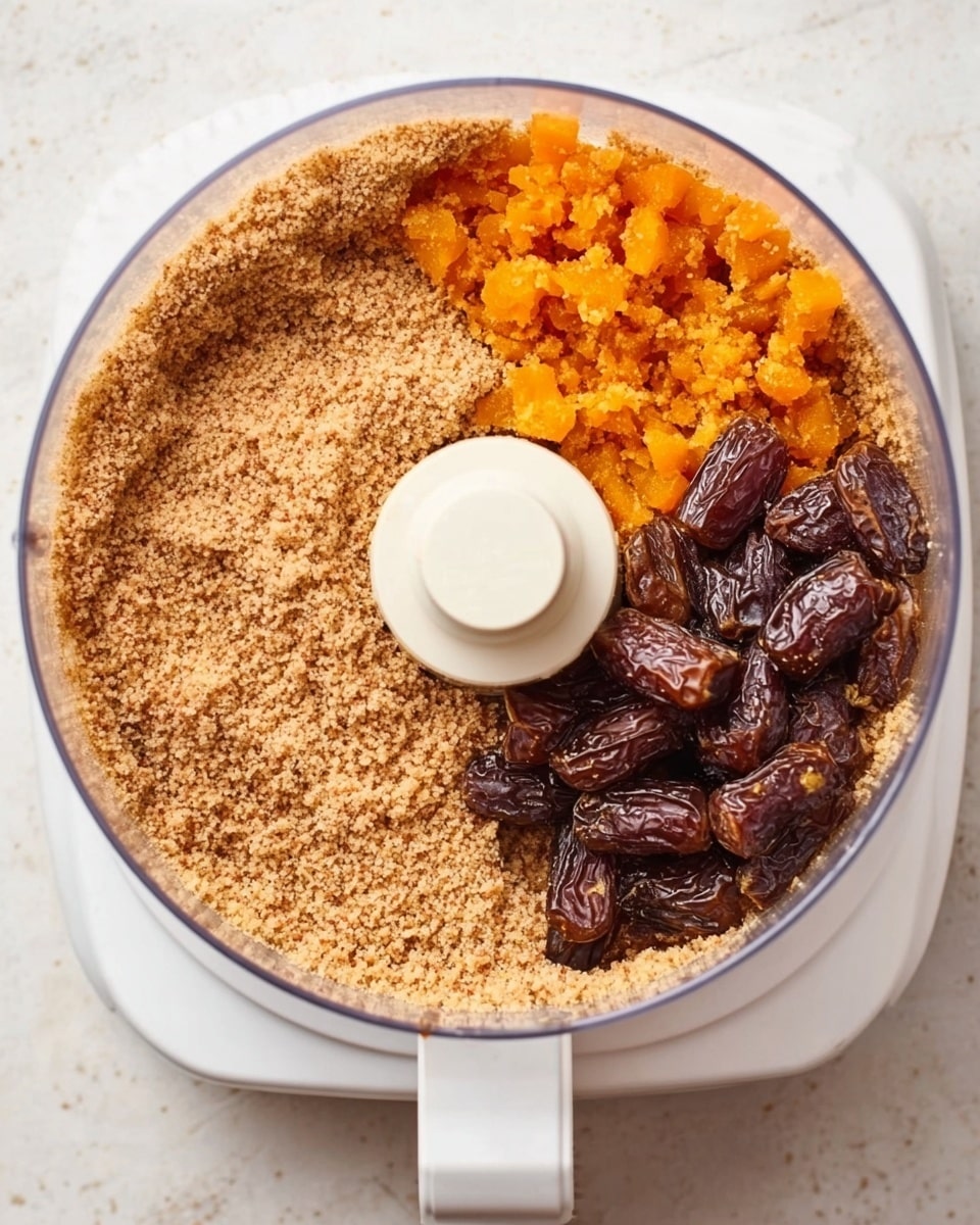 A white food processor bowl sits on a white marbled surface. The first image shows a single layer of finely ground light brown mixture with a grainy texture spread evenly inside the bowl. In the second image, the same ground mixture forms the base layer, and on top of it, two separate layers are placed: one side has small bright orange chunks, and the other side has shiny, dark brown date pieces with a wrinkled texture. The white marbled surface and the white food processor bowl create a clean background. Photo taken with an iphone --ar 4:5 --v 7
