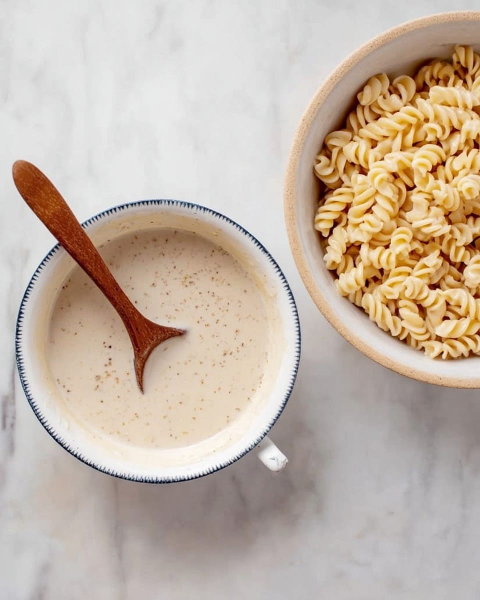 A side-by-side image showing two white bowls on a white marbled surface; in the left bowl, there is a light creamy liquid with some small dark specks, and a wooden spoon is resting inside it, the bowl has a thin dark blue rim; the right bowl is filled with cooked short spiral pasta, creamy beige in color, filling the bowl almost to the top, with no other visible ingredients; the lighting is bright and natural. photo taken with an iphone --ar 4:5 --v 7
