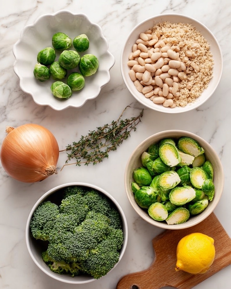 The image shows five separate groups of ingredients placed on a white marbled surface. At the center bottom, there is a white bowl filled with bright green broccoli florets and cut Brussels sprouts with light green stems. To the right, another white bowl holds a layer of light beige beans with a smooth texture. Above this, a white bowl contains a crumbly beige mixture that looks like breadcrumbs. To the top left, a white scalloped dish has small green herb sprigs stacked neatly. Near the bottom left side, an orange onion rests directly on the white marbled surface. On the right side, a small wooden chopping board holds a halved bright yellow lemon. photo taken with an iphone --ar 4:5 --v 7