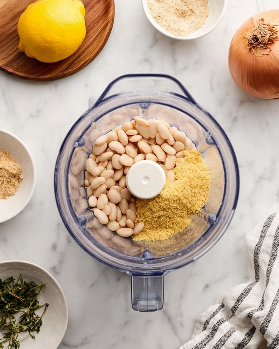 The image shows a clear blender jar placed in the center on a white marbled surface. Inside the blender, there are two main layers: the bottom layer is a small pile of yellow powder, and on top of it is a layer of whole white beans evenly spread, covering most of the powder. Around the blender, on the white marbled surface, there is a half lemon on a small wooden round plate at the top left, a small white bowl with green herb sprigs at the bottom left, a white bowl filled with light brown crumbs on the top right, a whole brown onion on the right side, and a striped white and black cloth in the bottom right corner. Photo taken with an iphone --ar 4:5 --v 7