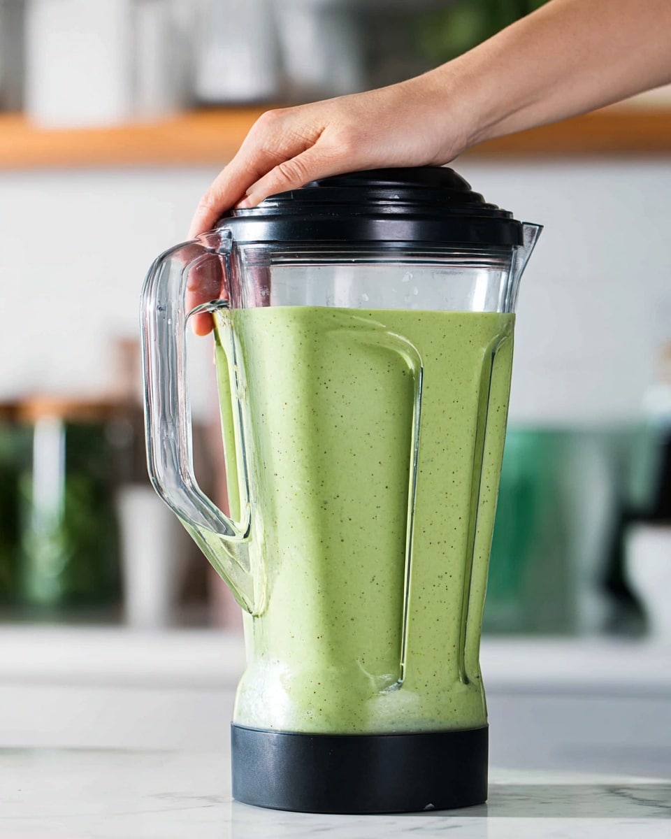 A close-up image shows a large black blender filled with a thick, light green smoothie that has tiny dark green specks throughout. The blender is held steady by a woman’s hand gently pressing down on the black lid. The blender is positioned on a white marbled kitchen counter with blurry green glasses and kitchen items in the background. The scene is bright and clean, emphasizing the fresh texture and creamy look of the green smoothie. photo taken with an iphone --ar 4:5 --v 7