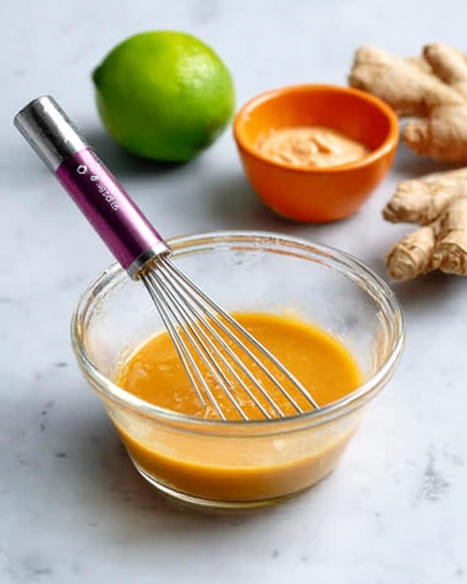 A clear glass bowl sits on a white marbled surface filled with a smooth orange sauce or mixture, with a small metal whisk inserted in the bowl. To the left of the bowl is a bright green lime and an orange small bowl holding a pale orange paste or sauce. In the background on the right side, there is a beige piece of fresh ginger root. The scene is softly lit and focused on the bowl with the whisk inside. Photo taken with an iphone --ar 4:5 --v 7