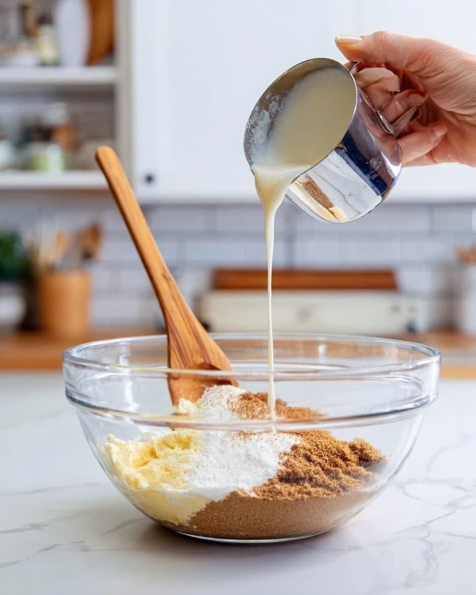 A clear glass bowl sits on a white marbled surface filled with three visible layers: a bottom layer of light brown sugar, a middle layer of melted butter with a yellow-golden color, and a top layer of white flour with a slightly fluffy texture. A wooden spoon with a long handle is inside the bowl, resting against the side. Above the bowl, a woman's hand holds a metal measuring cup pouring a smooth, creamy white liquid down into the flour layer. The background is a softly blurred kitchen scene with white tiled walls and neutral tones. photo taken with an iphone --ar 4:5 --v 7