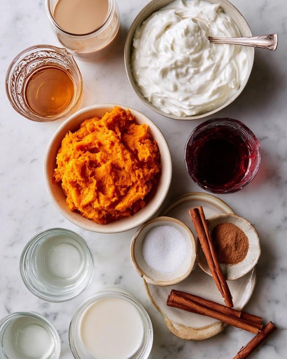 The image shows several bowls and glasses with baking ingredients on a white marbled surface. There's one white bowl filled with thick white cream and a spoon inside it at the top right. Below it, a white bowl holds bright orange mashed pumpkin on the left side. Next to it on the right are two small white bowls, one with brown powdered spice and one with white sugar. Two cinnamon sticks rest on the pumpkin bowl. Around these bowls are clear glass containers holding milk, a light brown liquid, a dark red liquid, and water. The setup is neat, with ingredients arranged in a circle on the white marbled surface. photo taken with an iphone --ar 4:5 --v 7