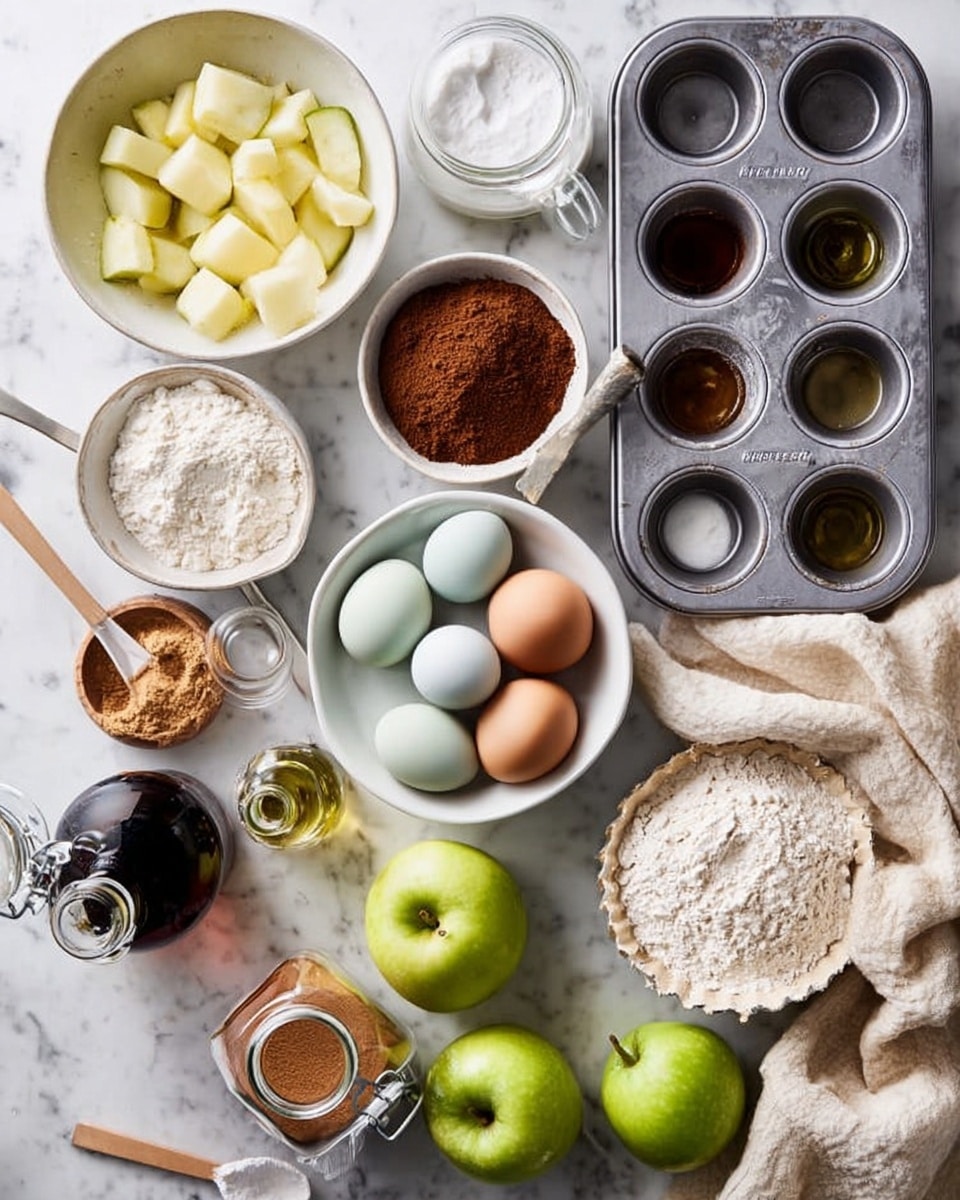 A collection of baking ingredients organized on a white marbled surface features a metal muffin tray at the top center. Below it, there is a small white bowl filled with a dark brown powder, likely cinnamon, next to a glass jar with a white spoon inside holding a white powder, probably baking soda. A white bowl to the left contains diced pale yellow apple pieces. Below that, an opened glass jar with a wooden scoop contains light brown sugar. Next to it, a glass bottle with dark liquid sits by a small green bottle, likely vanilla extract. In the center, a white bowl holds six eggs of different colors: light blue, beige, and brown. To the right, a glass jar with a metal clasp contains flour, and a scoop filled with almond flour sits nearby. Two green apples are also present, one whole and one near the scoop. A cream-colored cloth lies at the bottom right. photo taken with an iphone --ar 4:5 --v 7