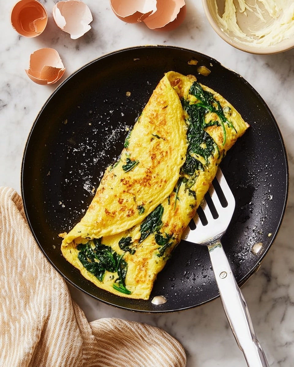A golden yellow omelet folded in half with visible dark green spinach leaves cooked inside, placed in a black frying pan with a white-handled spatula resting beside it. The omelet has a slightly textured surface with some browned spots and soft, fluffy edges. Around the frying pan, there are broken brown eggshells and a white bowl with a creamy white mixture on a white marbled surface. A beige and white striped cloth is partly visible near the pan's handle. Photo taken with an iphone --ar 4:5 --v 7