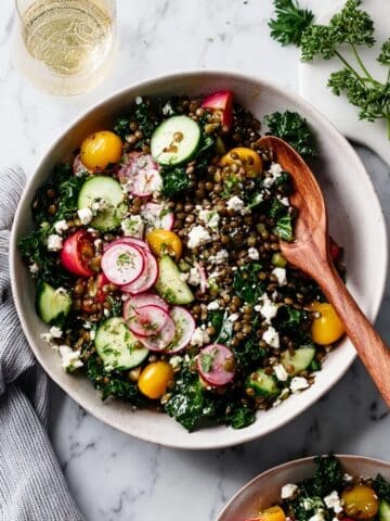 Lentil Salad with Fresh Veggies, Feta, Olives, and Lemon Dressing Recipe
