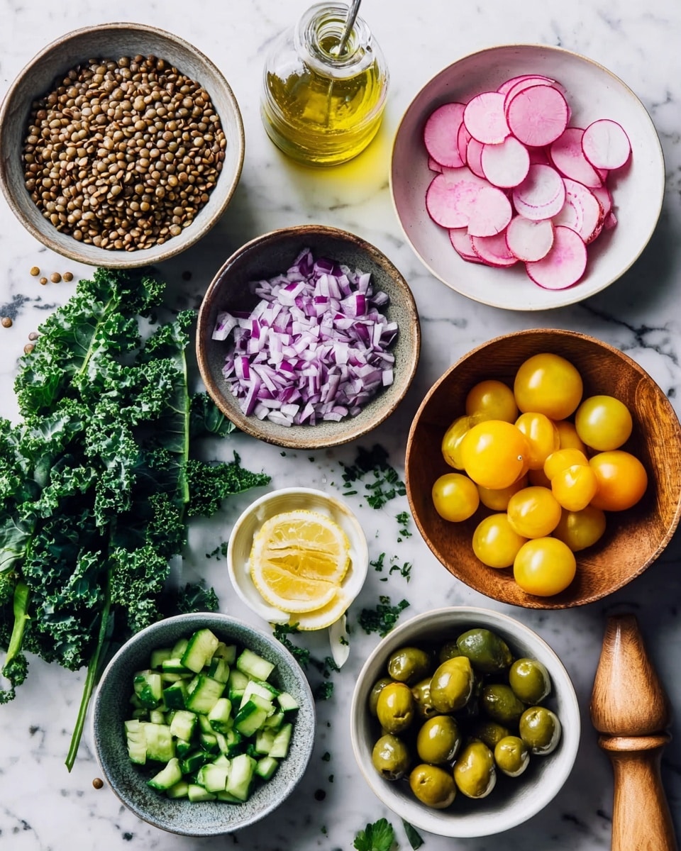 The image shows nine bowls of fresh ingredients on a white marbled surface. The top left bowl holds many small brown lentils. Next to it is a small glass bottle of golden olive oil. To the right, a white bowl contains thinly sliced round radishes with a pink edge. Below the oil, a wooden bowl is full of bright yellow small pear-shaped tomatoes. To the left of the tomatoes is another wooden bowl with chopped purple onions. Below the onions is a gray bowl filled with chopped light and dark green cucumber pieces. To the left of the cucumbers is a white bowl with chopped green olives. Fresh dark green kale and parsley sit along the left side near the bowls. There is also a wooden citrus reamer resting on a peeled lemon half in a white bowl on the right. A woman's hand is gently holding the lemon reamer. Photo taken with an iphone --ar 4:5 --v 7