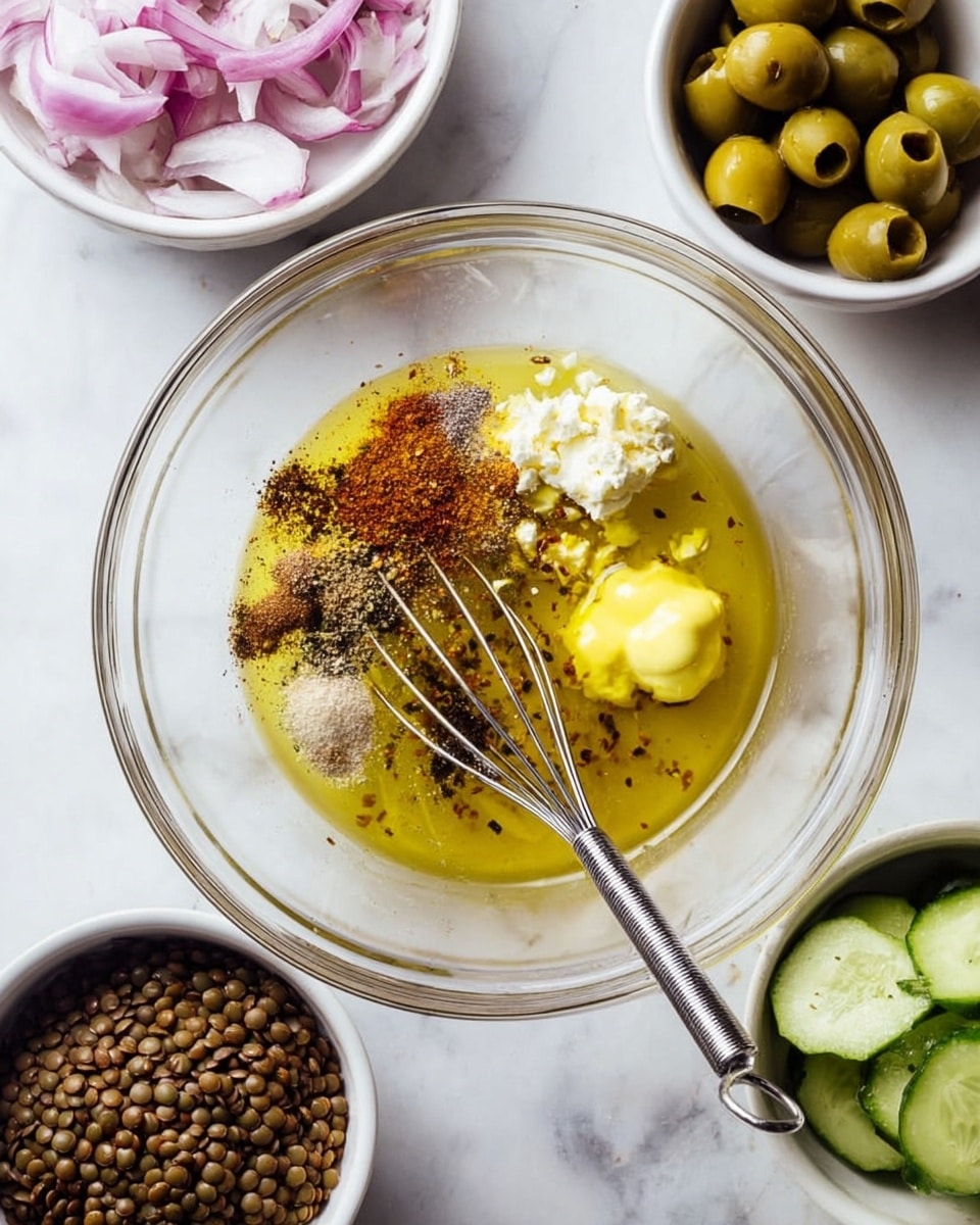 A large clear glass bowl sits on a white marbled surface, filled with layers of ingredients to make a dressing: bright golden olive oil forming the base, a dollop of pale yellow mayonnaise, minced white garlic, cracked black pepper, and mixed spices with light brown and reddish hues, along with a silver whisk resting inside the bowl. Around the bowl, on the same surface, are four smaller white bowls: one with lentils that are dark brown, one with creamy white cheese, one with sliced green olives showing their brown pits, and one with light green cucumber slices mixed with small pieces of red onion. The setup is bright and fresh, showing all ingredients clearly. Photo taken with an iphone --ar 4:5 --v 7