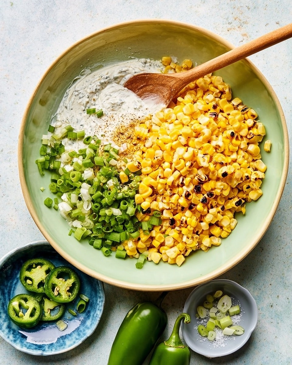 A large light green bowl holds three main layers: on the right, bright yellow grilled corn kernels with some charred black spots; on the left, chopped green onions in varying shades of green; and at the top left, a creamy white base spread thin with a wooden spoon resting on it. Two green jalapeño peppers lie near the bowl on a white marbled surface. Small white and blue dishes are nearby, holding coarse salt and sliced green onions. The wooden spoon has a long handle and is angled across the bowl with some creamy white mixture on it. Photo taken with an iphone --ar 4:5 --v 7