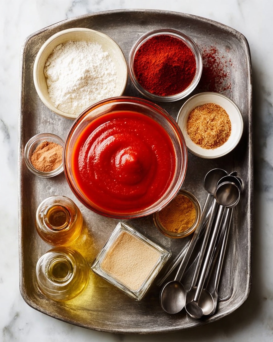 The image shows a metal tray on a white marbled surface holding several small clear glass bowls and jars of spices and sauces arranged neatly. In the center front, there is a large clear glass bowl filled with bright red smooth sauce. Surrounding it on the tray are smaller bowls and jars with different powders and herbs, including a fluffy white powder in a large bowl at the back left, a deep red powder in a small bowl on the left, a golden-brown powder in a small jar on the right, and a light beige powder in a square jar next to the red sauce bowl. There is also a small bottle of golden oil at the front left and a group of five metal measuring spoons stacked on the right side. The scene is well lit and clean, photo taken with an iphone --ar 4:5 --v 7