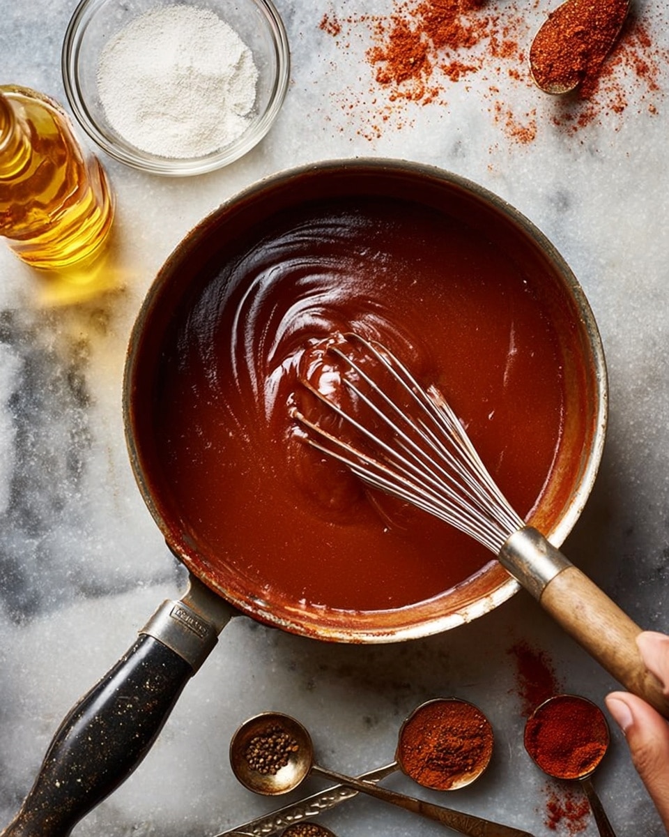 A close-up top view of a silver pot filled with thick, smooth, dark reddish-brown sauce being stirred by a metal whisk with a wooden handle held by a woman's hand. The pot has a worn black and silver handle. Around the pot on a white marbled surface, there is a small glass bowl with white powder, a small bowl of red spice, a bottle with golden liquid, three old metal measuring spoons with red and brown spices scattered on the surface. The scene looks like a cooking preparation. photo taken with an iphone --ar 4:5 --v 7