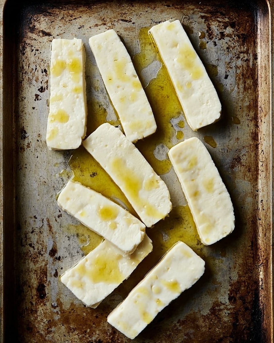 The image shows seven thick, rectangular slices of white cheese or tofu placed unevenly on a rough, used baking tray with spots of golden yellow oil drizzled over each slice and pooling around them. The slices vary slightly in shape but are mostly long and flat with smooth surfaces. The tray has a worn, rustic texture with scratches and slight discoloration, contrasting with the smooth and creamy texture of the cheese or tofu. photo taken with an iphone --ar 4:5 --v 7
