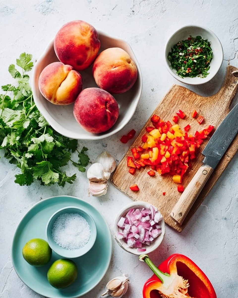 A white bowl holds four whole peaches with red and yellow skin, placed on a white marbled surface. Next to the bowl, a wooden cutting board has one whole peach and chopped red bell pepper pieces spread next to a knife with a wooden handle lying on the board’s right side. Below the board, there is a cluster of cilantro leaves beneath two peaches. To the lower left, two whole limes and a half lime sit on a small white plate filled with salt on a light blue plate. Above this, a small white bowl contains chopped red onions. On the upper right, a white bowl with chopped green herbs and a white spoon rests on the surface. A halved red bell pepper is on the right side below the bowl, with two garlic cloves near the cutting board. The whole scene is arranged on a white marbled background with soft natural light. Photo taken with an iphone --ar 4:5 --v 7