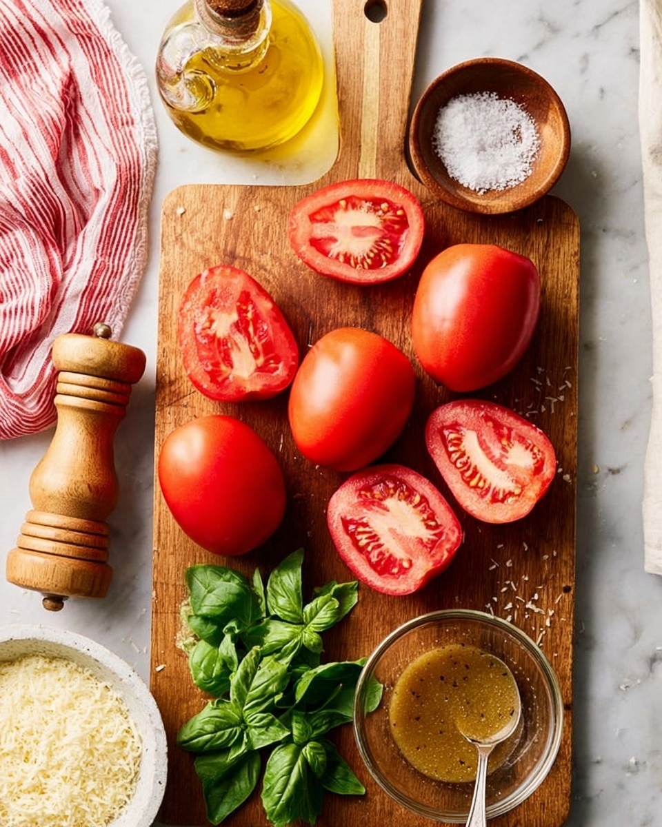 A wooden cutting board sits on a white marbled surface, holding eight whole bright red Roma tomatoes arranged in two rows on the right side, and four halved Roma tomatoes showing their juicy, seed-filled interiors with light red and pink tones on the left side. Near the top left corner of the board are a glass bottle of golden olive oil with a wooden stopper and a wooden pepper grinder. Below them is a small wooden bowl filled with coarse salt, and fresh green basil leaves are spread to the left and center. At the bottom of the board is a glass bowl with a light brown herb dressing, a silver spoon rests inside it. A white bowl filled with grated pale yellow cheese is partially visible on the white marbled surface on the lower left edge, and a red and white striped cloth lies partially folded in the top left corner. Photo taken with an iphone --ar 4:5 --v 7