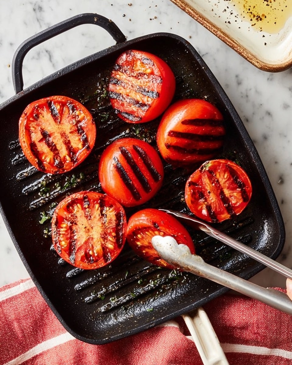 A white plate is filled with about thirteen grilled tomato halves, each showing black grill marks on their bright red, slightly softened flesh. The tomatoes are sprinkled with light brown grated cheese and finely chopped fresh green herbs. Scattered green basil leaves add a fresh contrast, placed both on the tomatoes and around them. The plate sits on a white marbled surface with a beige and red striped cloth partially visible at the bottom left, while two white plates hold grated cheese and basil leaves in the background. Photo taken with an iphone --ar 4:5 --v 7