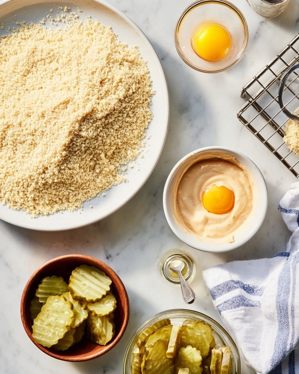 The image shows several bowls and dishes on a white marbled surface. A large white plate is filled with fine, light beige breadcrumbs. To the right of it, a small white bowl holds a raw egg with a bright yellow yolk visible. Below the breadcrumb plate, there is a clear glass bowl filled with green pickles, sliced into ridged rounds. Next to it, a small wooden bowl contains a creamy, light orange sauce with a spoon resting inside. At the bottom right corner, there is a glass bottle with light golden liquid near a white cloth with blue stripes. A wire rack is partially visible in the top right corner of the image. photo taken with an iphone --ar 4:5 --v 7