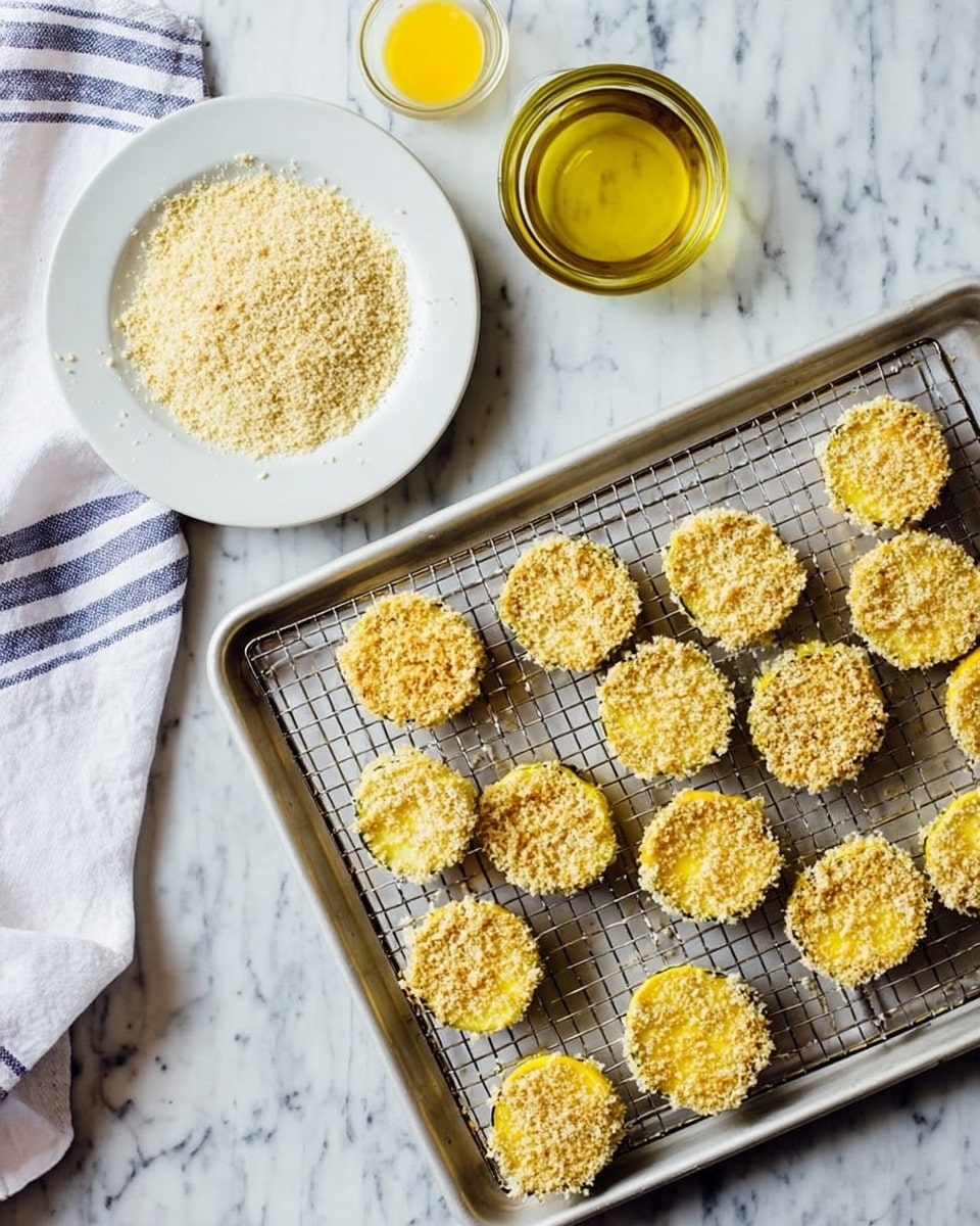 The image shows a white plate filled with a layer of light beige breadcrumbs, with a small cup of yellow beaten egg and a glass jar of oil placed nearby on a white marbled surface. Below the plate, there is a metal wire rack on a baking tray holding two layers of round vegetable slices coated with yellow egg wash and covered evenly with the crumb mixture, giving them a light golden, textured look. A white and blue striped cloth is partially visible on the left side of the frame. Photo taken with an iphone --ar 4:5 --v 7