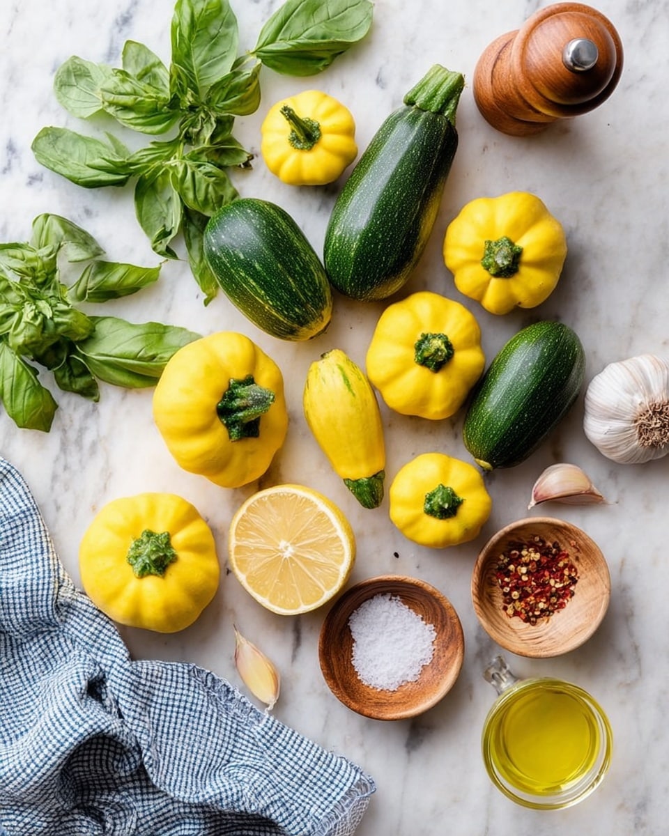 A white marbled surface holds a variety of fresh vegetables and ingredients arranged loosely. There are several round yellow squash with green tops scattered around, mixed with some dark green round zucchinis. A bunch of green basil leaves is placed at the top left, next to a wooden pepper or spice grinder. Below, a halved lemon with bright yellow flesh sits near a blue and white checkered cloth. Two small wooden bowls hold coarse salt and red pepper flakes. A small glass container with a light yellow liquid, likely oil, is set near the bottom right corner. A single clove of garlic lies near the spice grinder, completing the fresh ingredient display photo taken with an iphone --ar 4:5 --v 7
