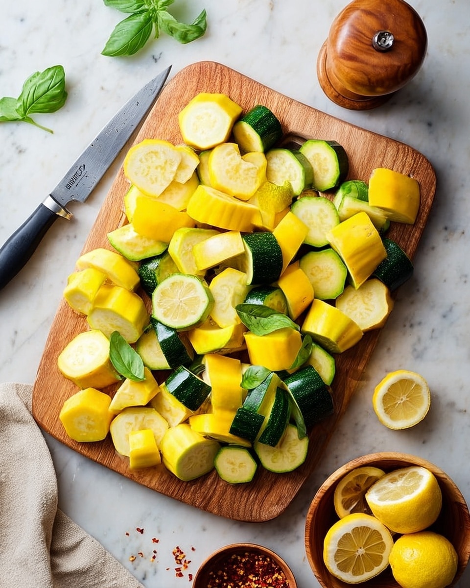 The image shows a wooden cutting board on a white marbled surface filled with pieces of yellow and green round squash cut into halves or quarters. The yellow squash pieces are bright yellow with smooth skin and pale inner flesh, while the green squash pieces are dark green with a glossy surface and light insides. A kitchen knife with a black handle lies diagonally on the left side of the board. Some basil leaves are placed at the top left corner, and a wooden pepper grinder is positioned at the top right. At the bottom right, there is a small wooden bowl filled with red chili flakes and two lemon halves nearby. A woman’s hand is not present in this scene. The lighting is natural and soft. Photo taken with an iphone --ar 4:5 --v 7