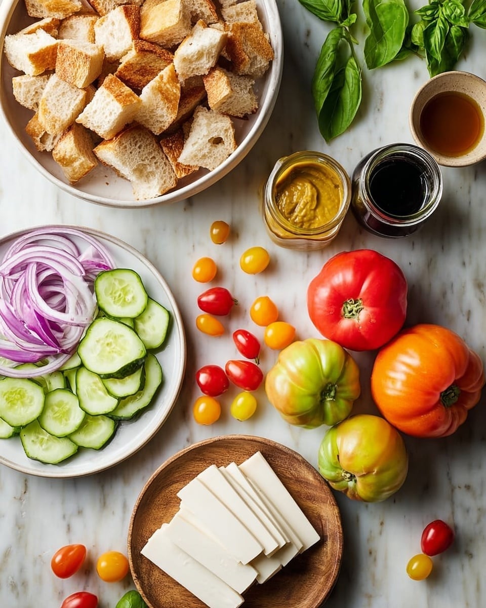 The image shows an overhead view of a food preparation scene on a white marbled surface. At the top left, there is a white bowl filled with many pieces of torn bread with a crispy brown crust. Below it to the left, a small white plate holds fresh cucumber slices and thin purple onion slices, arranged in a semicircle. At the bottom center, a small wooden plate has several smooth, white slices of cheese neatly stacked. In the center and slightly right, there are four large colorful tomatoes in red, orange, and green shades. Around these tomatoes are several small cherry tomatoes in red, yellow, and orange colors scattered loosely. Near the top right, there is a jar of smooth, yellow mustard and a small glass jar with dark balsamic vinegar placed beside some fresh green basil leaves. Another small container with golden olive oil is near the bottom left corner. All elements are laid out for a fresh and rustic look. photo taken with an iphone --ar 4:5 --v 7