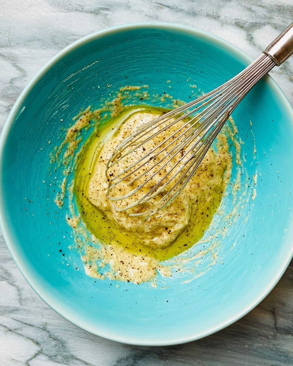 A bright turquoise plate sits on a white marbled surface, holding a small pool of greenish-yellow olive oil mixed with a creamy, light beige paste that has black pepper flakes scattered throughout. A silver whisk is partially resting in the mixture, with the wires coated in the thick paste. The texture appears smooth with small, grainy bits visible, and the colors contrast sharply against the bright plate. Photo taken with an iphone --ar 4:5 --v 7
