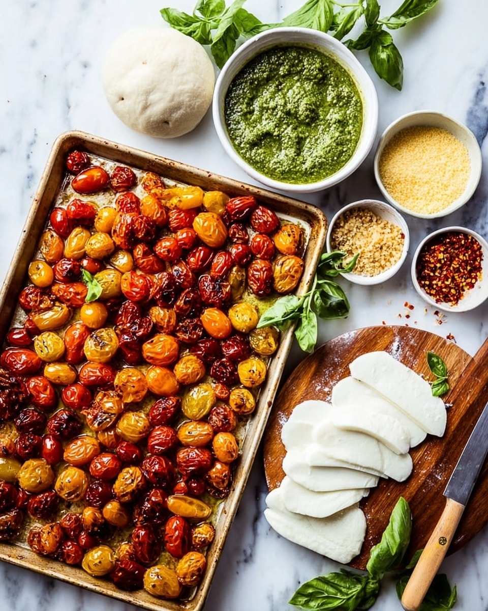 The image shows a baking tray full of roasted cherry tomatoes, varying in red and golden yellow colors with slightly wrinkled skins, spread evenly across the surface. Next to the tray, on a white marbled surface, is a white bowl filled with green pesto sauce, a small bowl of red chili flakes, and another bowl with fine yellow cornmeal. A round ball of dough rests nearby, and a wooden board holds several thick slices of fresh mozzarella cheese, with more cheese block partly sliced, and a knife with a wooden handle laid on it. Fresh green basil leaves add color and freshness around the scene. photo taken with an iphone --ar 4:5 --v 7