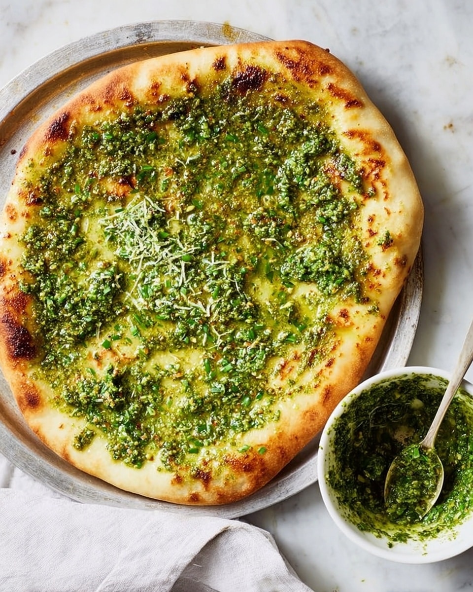 A round flatbread with a light golden-brown crust is spread with a vibrant green pesto sauce that has a slightly chunky texture, covering almost the entire surface except the edges. The flatbread rests on a silver tray that sits on a white marbled surface. Next to the bread is a white bowl filled with more green pesto, with a spoon inside it. A white cloth is also partially visible at the bottom of the image. Photo taken with an iphone --ar 4:5 --v 7