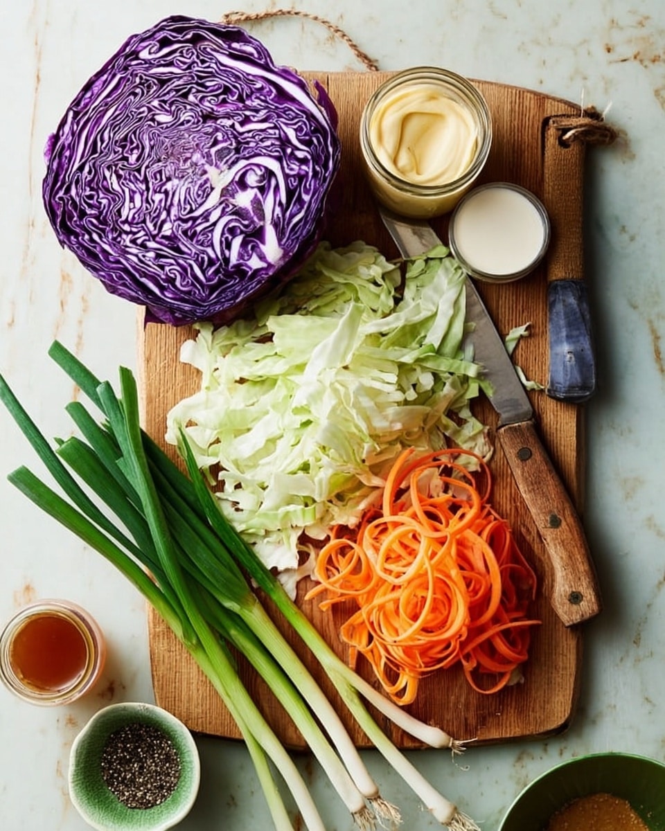 The image shows a wooden cutting board on a white marbled surface with various fresh vegetables and ingredients arranged neatly. On the left side of the board is a large half of purple cabbage with intricate white veins. Next to it, there is a pile of thinly sliced pale green cabbage in the center. To the right of the sliced cabbage are several bright orange carrot ribbons curled into loose spirals. Below the board, three green onions with long green tops and white bottoms lay across the surface. A knife with a wooden handle is placed diagonally on the right edge of the board, partially over the cabbage slices. Surrounding the cutting board are small glass jars containing white mayonnaise, brown mustard, and a reddish liquid, along with a small green bowl filled with black pepper. Photo taken with an iphone --ar 4:5 --v 7