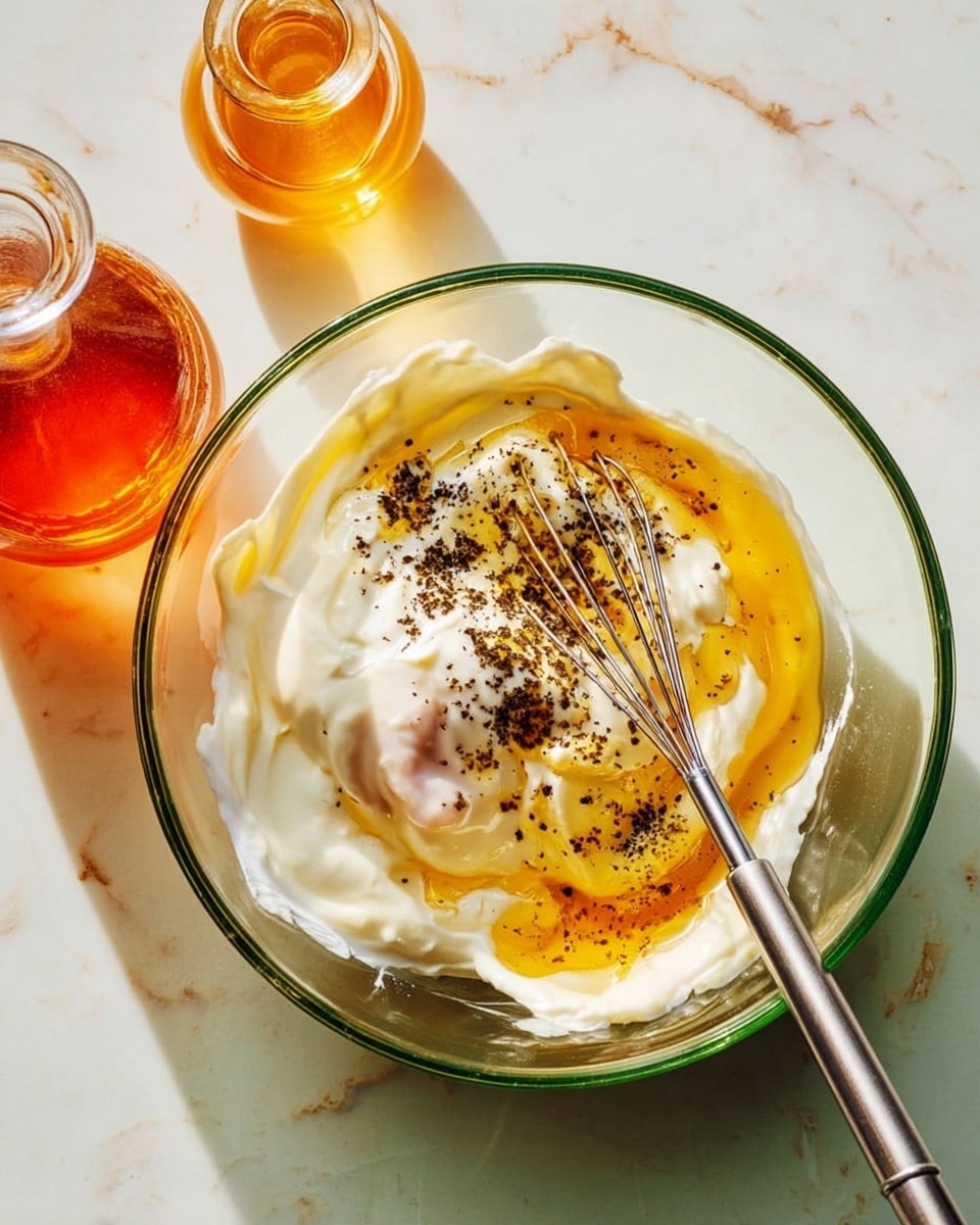A clear glass bowl sits on a white marbled surface, filled with several layers of ingredients: a thick white creamy layer on the outside edge, a golden honey-colored syrup pooled in the middle, and dark cracked black pepper sprinkled mostly on one side of the syrup. A small metal whisk rests inside the bowl, with its handle pointing outward. To the upper left of the bowl, there are two glass bottles with liquid, one amber-colored and the other pale orange. The whole setup has bright natural light with soft shadows. photo taken with an iphone --ar 4:5 --v 7