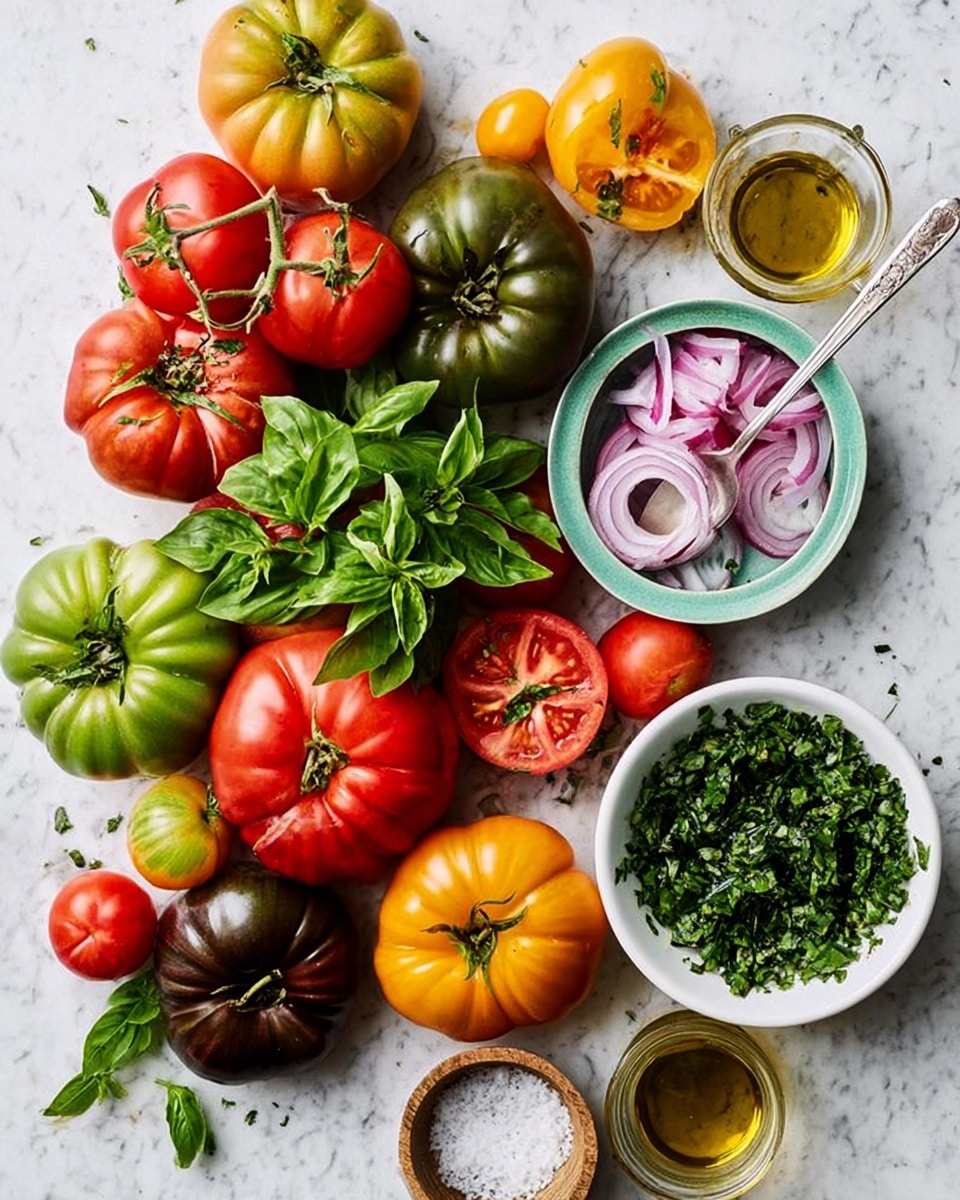 The image shows a variety of fresh tomatoes and herbs arranged on a white marbled surface. There are multiple whole tomatoes in red, green, yellow, and dark brown colors, some large and round, others small and on the vine. A small bowl contains thin slices of red onions next to a cluster of fresh green basil leaves. Another white bowl is filled with finely chopped green herbs, and a silver spoon rests inside it. Two small glass bottles with olive oil and vinegar sit near the top of the image. The colors are rich and vibrant with the mix of greens, reds, yellows, and purples, all placed neatly to create an inviting and fresh presentation. Photo taken with an iphone --ar 4:5 --v 7