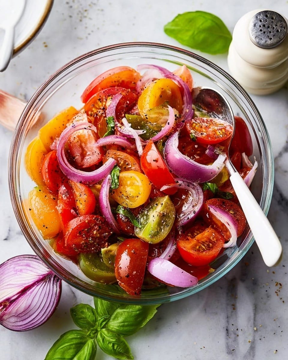 A clear glass bowl filled with a colorful mix of tomato pieces in red, yellow, orange, and green colors, layered with thin slices of purple onion scattered on top and throughout. The tomatoes look juicy and fresh, with some sprinkled black pepper visible on them. A white spoon is resting inside the bowl at an angle. The bowl sits on a white marbled surface with some fresh green basil leaves placed nearby, along with a white pepper grinder and a halved purple onion. The photo is taken with an iphone --ar 4:5 --v 7