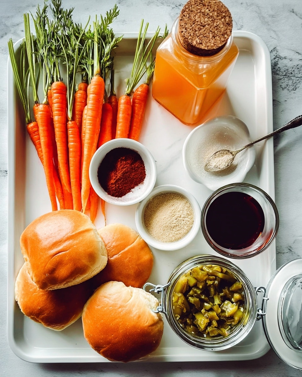 The image shows a white tray placed on a white marbled surface, filled with fresh ingredients. On the left side, there is a bunch of bright orange carrots with green tops lying flat, arranged diagonally. Next to the carrots, there is a small round white bowl with a dark red powder inside, and beside it, a small clear glass bowl containing a light beige powder. Near these bowls, there is a small glass bottle filled with a pale orange liquid and sealed with a cork. To the right of the bottle, a small glass container holds a dark liquid, almost black, with a slight reflection on its surface. Below this, a large glass jar with a latch lid is filled with small chopped green pickles and has a spoon inside. On the right side of the tray, five long soft orange rolls are stacked, their smooth and slightly shiny crust reflecting the light. All elements are neatly arranged, and the scene is well lit. Photo taken with an iphone --ar 4:5 --v 7
