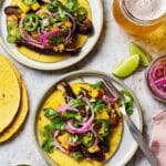 Mushroom Tacos with Avocado Salsa, Pickled Red Onions, and Cilantro Recipe