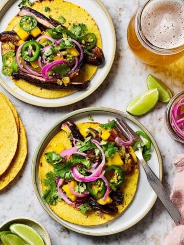 Mushroom Tacos with Avocado Salsa, Pickled Red Onions, and Cilantro Recipe