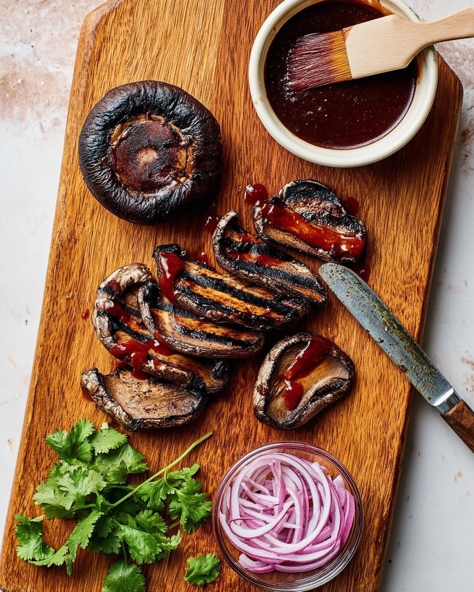 The image shows a wooden board with one whole grilled large mushroom on the top left side, dark brown with black grill lines, and several sliced grilled mushroom pieces spread below it. The mushroom slices are dark with slightly charred edges, and red sauce is drizzled unevenly on top of some of the slices. On the top right side of the board, there is a white bowl filled with dark red sauce, with a wooden brush resting inside it, the brush bristles covered in the same sauce. Below the wooden board, in the bottom center, there is a small transparent bowl filled with thinly sliced red onions. Fresh green coriander leaves are seen at the bottom left corner. The background is a white marbled surface photo taken with an iphone --ar 4:5 --v 7