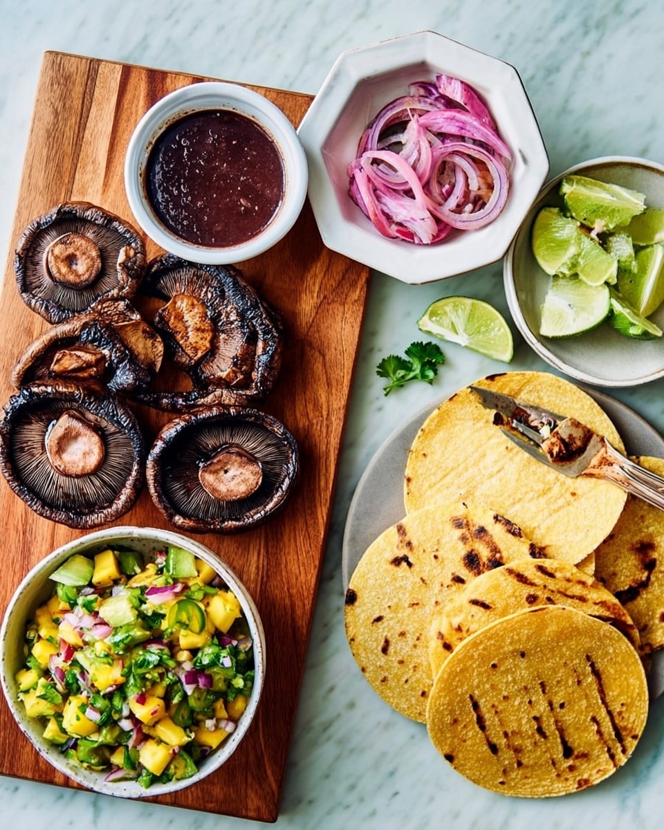 The image shows a wooden board with two whole grilled mushrooms and several mushroom slices on the left side. On the board, a white bowl with dark red sauce sits on the top left. To the right of the board, there are four toasted corn tortillas in a stack on a white marbled surface. Above the tortillas is a white octagonal plate holding a small bowl of lime wedges and a bowl of pickled red onion slices, with a woman's hand holding a fork picking up some onions. In front, there is a white bowl filled with a colorful avocado salsa containing diced avocado, mango, jalapeño slices, and red onion bits, all on a white marbled background. Photo taken with an iphone --ar 4:5 --v 7