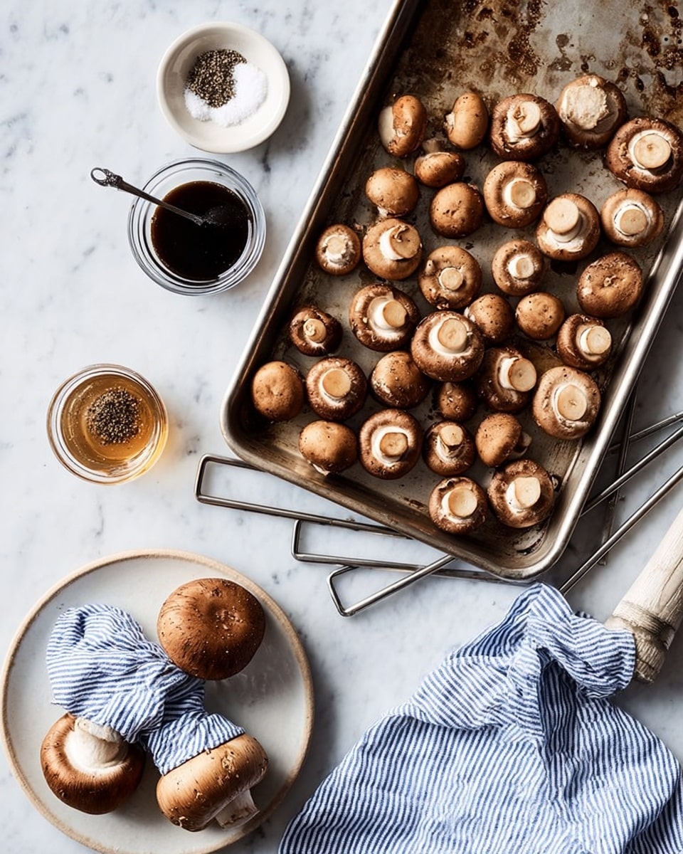 The image shows a metal baking tray filled with small brown mushrooms, some with caps facing up and some facing down, spread evenly across. To the right of the tray, there are metal skewers arranged on a white marbled surface next to a small white bowl holding black pepper and salt. Below the bowl, there is a small glass container with a dark liquid, possibly soy sauce. At the bottom of the image, there is a white plate holding a jar of honey and three large brown mushrooms partially wrapped in a blue and white striped cloth. The background is a white marbled texture. photo taken with an iphone --ar 4:5 --v 7