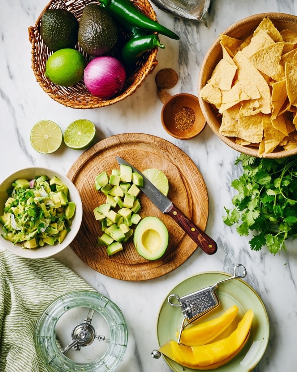 A wooden round cutting board sits on a white marbled surface with sliced avocado pieces arranged on it. A knife with a wooden handle rests on the board. To the left, a white bowl contains diced avocado topped with green herbs. Above the board is a wicker basket filled with green chilies, two limes, a whole avocado, a red onion, and a small wooden bowl of brown spice. Next to it, on the right, a white bowl holds light golden tortilla chips. Further right, a pale green plate has fresh cilantro, a yellow mango with some peeled strips, and a metal peeler. In the lower right corner, a clear glass lime juicer holds a half lime, and a green-striped cloth is placed nearby. The scene is bright and colorful, showing fresh ingredients ready for cooking photo taken with an iphone --ar 4:5 --v 7