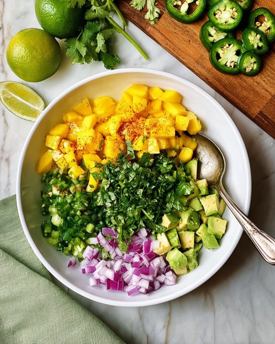 A white bowl filled with five distinct layers of chopped ingredients arranged side by side in a circular pattern: bright yellow diced mango with a sprinkle of seasoning on the top left, light green diced avocado on the top right, finely chopped red onion at the bottom left, sliced green jalapeño peppers just below the mango and beside the onion, and a pile of chopped green cilantro in the center overlapping some of the other ingredients slightly. The bowl has a silver spoon resting inside on the mango side. In the background, a wooden board with sliced jalapeños rests near fresh cilantro leaves and whole limes on a white marbled surface. Photo taken with an iphone --ar 4:5 --v 7